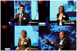 Die Vortragenden in Aktion: Jan Grymlas (im Uhrzeigersinn), Julia Hobohm, Wiebke Saß und Matthias Mecklenburg