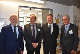 From left to right: Senator Michael Westhagemann of the Ministry of Economics and Innovation; Professor Stefan Heinrich of TU Hamburg; Professor Stefan Palzer, Chief Technology Officer and Executive Vice President at Nestlé; and University Council Chairman Walter Conrads. Photo: TU Hamburg&nbsp;