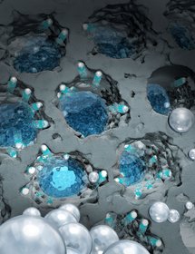 Silber-Nanopartikel können Nanokanäle in makroporöses Silizium bohren und damit Silizium mit einem hierarchischen Porennetzwerk versehen. Visualisierung: DESY/TU Hamburg, AG Huber