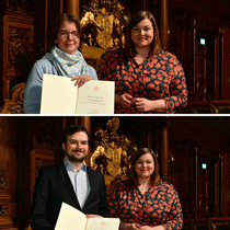 Die TU-Lehrpreisträger Dr. Dennis Clemens und Dr. Johanna Peters gemeinsam mit Wissenschaftssenatorin Katharina Fegebank.