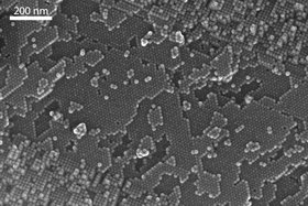 Rasterelektronenmikroskopische Aufnahme der regelmäßig angeordneten Eisenoxid-Nanoteilchen. Der Abstand der Nanoteilchen ist so klein, dass man die Ölsäure nicht sehen kann. (