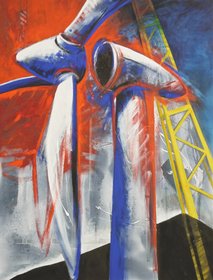 Brigitte Nolden: "Anbringung des Rotors"Aquarell, Acryl, Öl auf Leinwand, 130 x 100