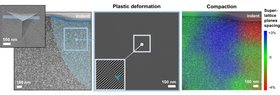 Nano-Eindruck mit erzeugten Versetzungen und Verdichtung des Superkristalls.