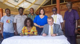 Attended the signing event at Coconut Grove: (seated from left to right) Prof. Rosemond Boohene (Pro-Vice Chancellor UCC), Andreas Timm-Giel (President TU Hamburg), (standing from left to right) Prof. Daniel Agyapong (Directorate of Academic Planning & Quality Assurance UCC), Prof. Joshua Amo-Adjei (Vice-Dean Office of International Relations), (center) Senator Katharina Fegebank. (Photo: Knii Atukwei)